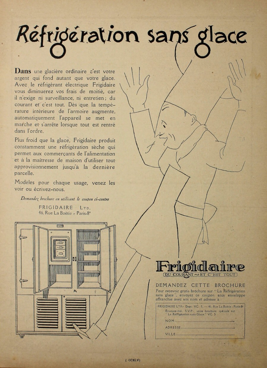 Frigidaire. Refrigetation sans glace. Advertising 1927