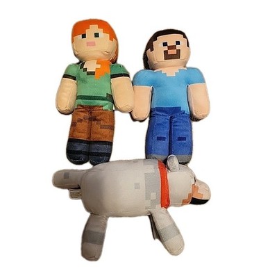 Minecraft Plush 9'' Figures. Alex, Steve, And Tamed Wolf. Mojang Toy Factory