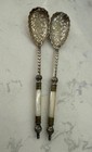 New ListingPair Ornate Antique English Mother Of Pearl Silverplate & Brass Serving Spoons