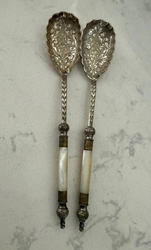 PAIR ORNATE ANTIQUE ENGLISH MOTHER OF PEARL SILVERPLATE & BRASS SERVING SPOONS