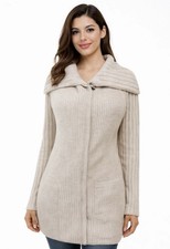 Prana Women Ivory Ribbed Knit Cardigan M Yunna Oversized Zip Shawl Collar