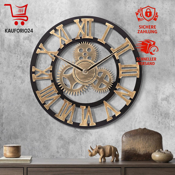 Holz Wanduhr Groß Vintage Gold Lautlos 60Cm Steampunk FüR Wohnzimmer KüChe-image
