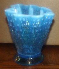 Fenton Glass Blue Opalescent Hobnail Ruffled Vase 6" Stretch Handkerchief pinch