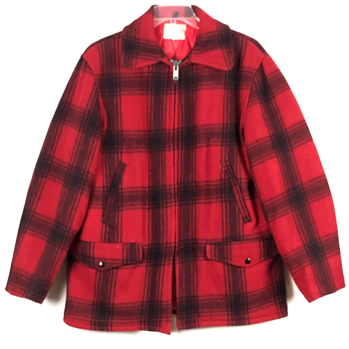 Vtg 60s Penneys Duck Hunting Wool Mackinaw Jacket Red Buffalo Plaid Mens L  / 42