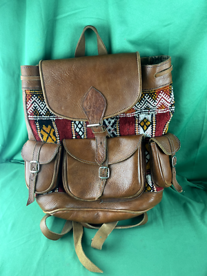 Hand Crafted Moroccan Boho Leather Backpack Moroccan Kilim Leather Backpack - Handmade Bohemian Bag main image 2