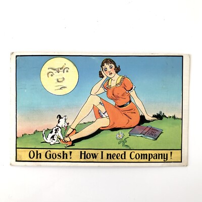 1930's Post Card Humorous Drooling Dog looking up women's Dress Frowning Moon
