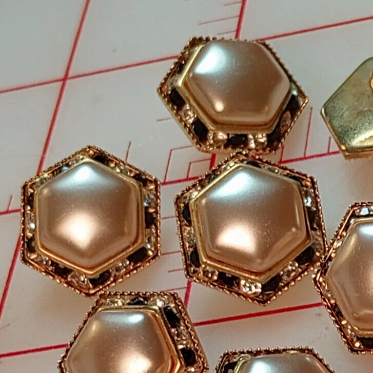 5 Fine Vintage Czech Shank Button Hexagon Pearl Tiny Rhinestones Clear Blue 3/4" - Image 2 of 4