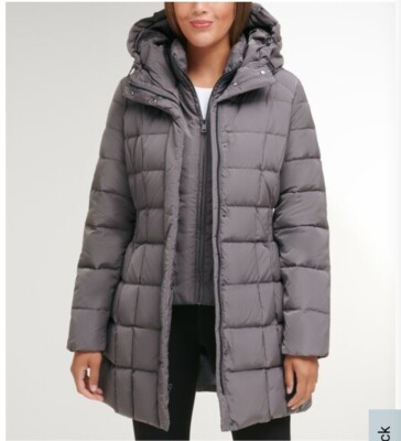 Cole Haan Long Down Puffer Quilted Coat Grey Hooded Womens XS Layered Classic 