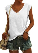 Womens Cap Sleeve V Neck T-Shirt Casual Loose Basic Tshirts Tops