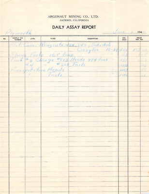 ARGONAUT MINING MINE JACKSON CALIFORNIA DAILY ASSAY TAILS