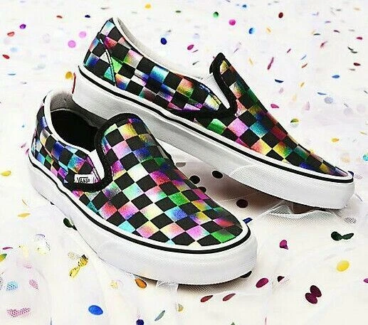 Undertrykkelse strubehoved værdi NEW Vans Slip-On Iridescent Rainbow Chex White Checkerboard Skate Shoes  Womens | eBay