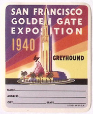 1940 Greyhound San Francisco Golden Gate Exposition Luggage Label
