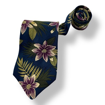 Damon Vintage 100% Silk Tie Blue Green Leaf Purple Floral Men's Size 3.75''x55''