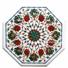 15" Marble corner side Table Top Semi precious stones inlay handmade Home decor