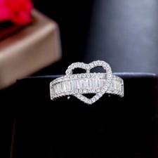 Sparkly Heart Design Cubic Zirconia Silver Plated Adjustable Ring for Women Gift