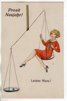 Postcard Happy New Year, a woman on a scale light goods very old!!