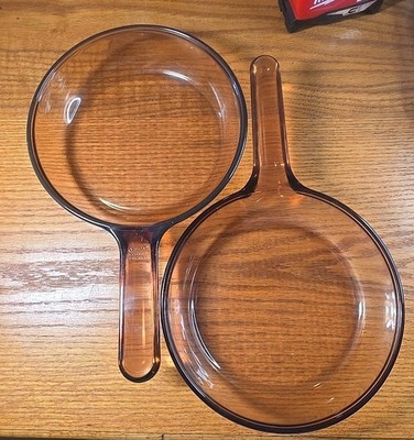 2 - VTG.  CORNING WARE VISIONS - PYREX 7'' AMBER SKILLET WAFFLE BOTTOM FRYING PAN