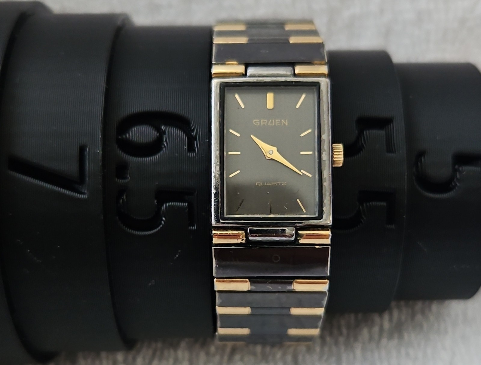 Gruen Quartz Rectangular Black Dial Two-Tone Metal Bracelet Dress Watch