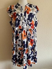 Shein XL Ivory Peach Navy Gray Floral V-Neck SS Tiered Ruffle Poly Spandex Dress
