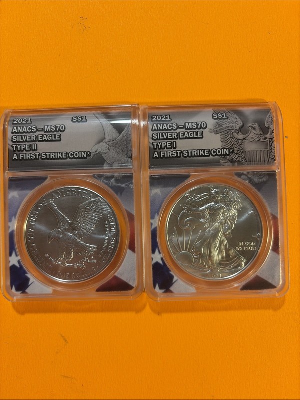 2021 Silver Eagle 2 COIN Set MS-70 ANACS (Type 1 & 2 ) A First Strike Coin