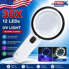 30X Jumbo Handheld Magnifying Glass w/ 12 Bright LED Light Illuminated Magnifier