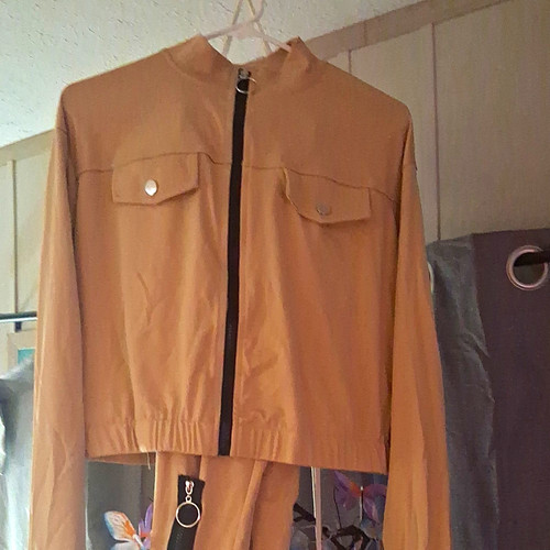 Women's 2-Piece Tan Solid Woven Polyester Zip-Up Jacket & Pants Set, One Size