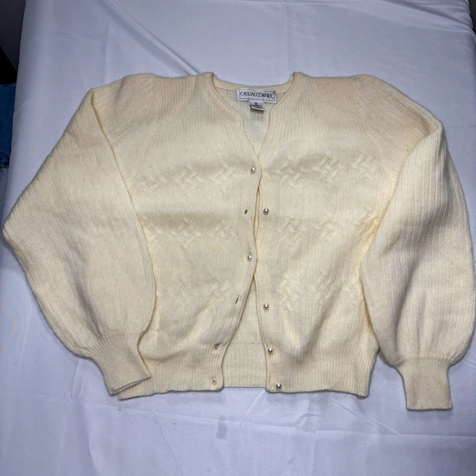 Cream angora lambswool cardigan with pearl buttons and collar