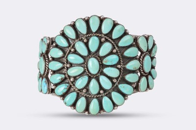 6.5'' 925 Silver Turquoise Zuni Native Petit Point Cuff Bracelet (73.90g.)