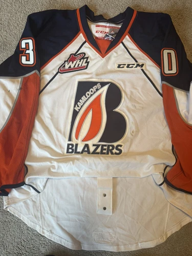 Game Worn Kamloops Blazers Pouliot WHL Goalie CCM White Used Hockey Jersey 58G
