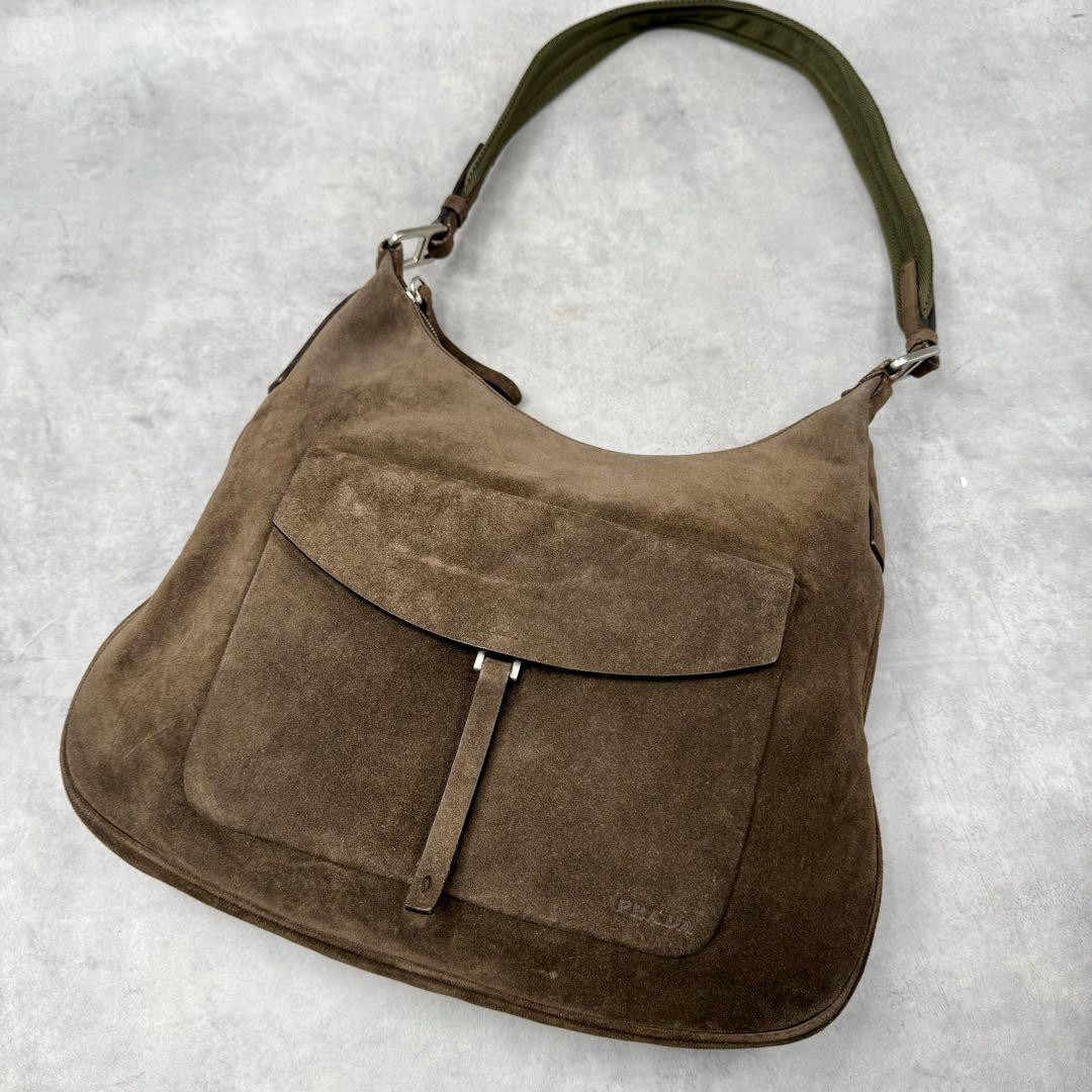PRADA Shoulder Bag Khaki Brown Suede Women Y2K vintage Handbag Logo embossed JPN