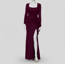Xscape Women's Red Wine Squared-Neck Lined Draped Long-Sleeve Gown Dress Size 16