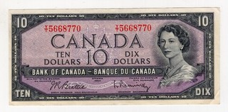 1954 BANK OF CANADA TEN 10 DOLLAR BANK NOTE YT 5668770 NICE BILL