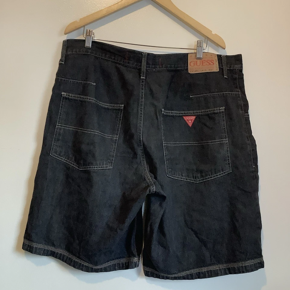 Mens Y2K Vintage Guess Black Denim 2 Button Fly Baggy Shorts Size 38 - Image 3 of 4