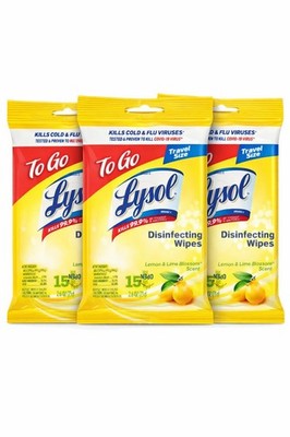 Lysol Disinfecting Wipes To-Go Pack, Lemon Scent, 45 Count (Pack of 3)