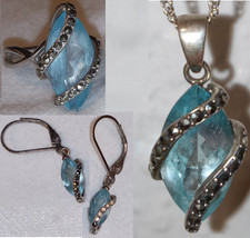 BLUE TOPAZ & MARCASITE RHODIUM OVR ST. SILVER SET: RING SZ 6, NECKLACE, EARRINGS