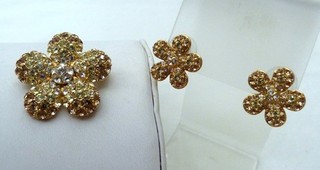 NOLAN MILLER JONQUIL YELLOW CRYSTAL RHINESTONE FLOWER PIN OR PENDANT & EARRINGS