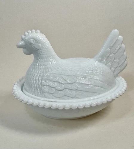 Indiana Glass White Milk Glass Hen On A Nest Covered Dish Beaded Vintage 7"