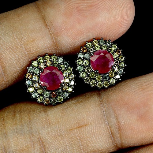 925 Sterling Silver Earrings Round Ruby 6mm Sapphire Natural Gemstone Jewelry - Picture 2 of 14