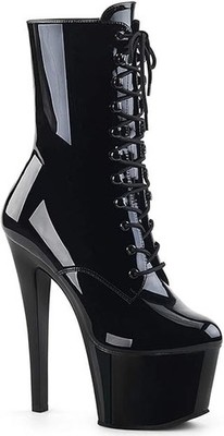 Pleaser SKY-1020 7'' Heel PF Ankle Boot, Blk Pat/Blk, Size 9