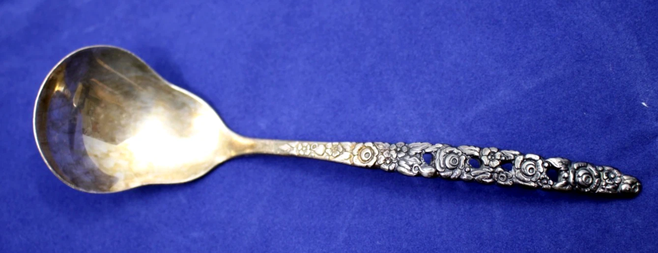 Vintage Community Silverplate Floral Pierced Berry Serving Spoon Gold Wash Bowl