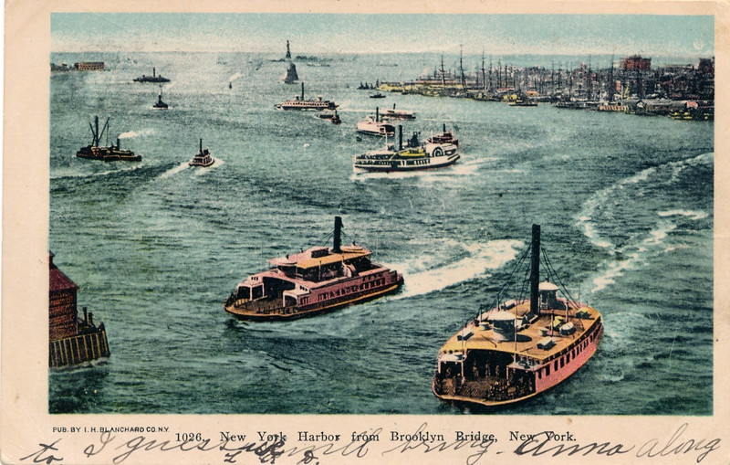 NEW YORK HARBOR FROM BROOKLYN BRIDGE, NEW YORK. FERRIES. PIERS. STATUE LIBERTY