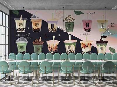 3D Bubble Milk Tea Illustration Self-adhesive Removable Wallpaper Murals 9