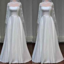 Satin Elegant Wedding Dresses Long Lace Sleeves A Line Vintage Bridal Gowns