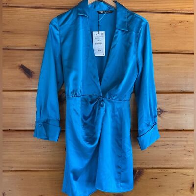 satin effect wrap dress zara Zara Satin Effect Wrap Dress Mini Midi Green Draped XS S BNWT