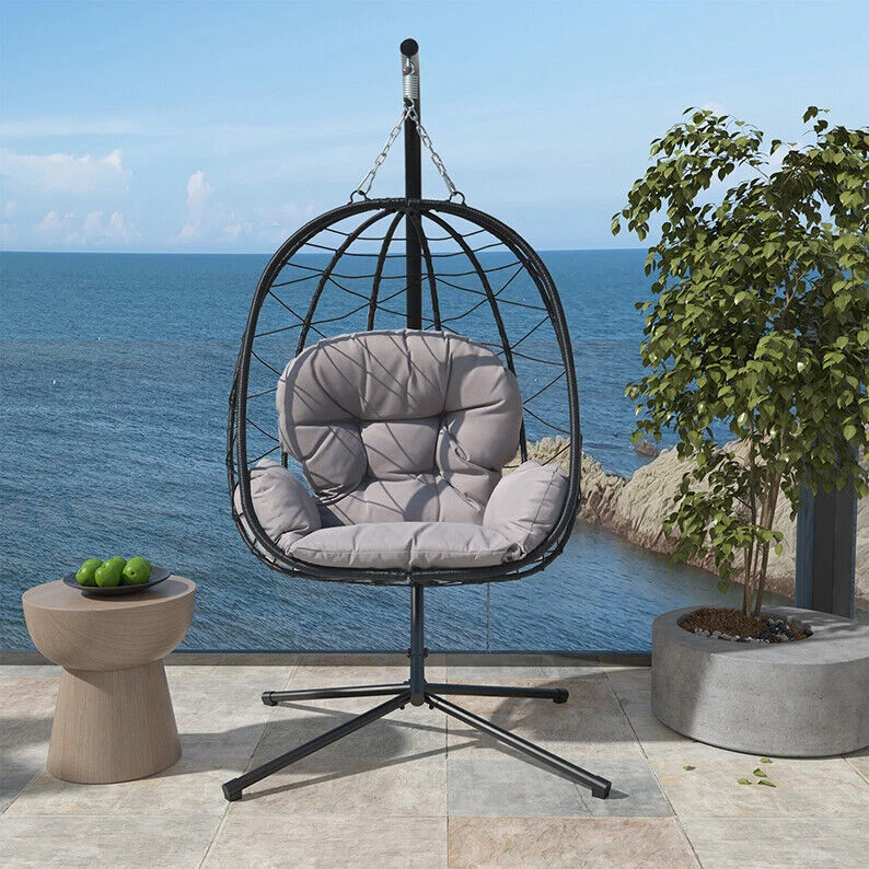 Silla Columpio Huevo Colgante con Soporte Hamaca Patio Ratán Silla Cojín Exterior Foto 2 de 4