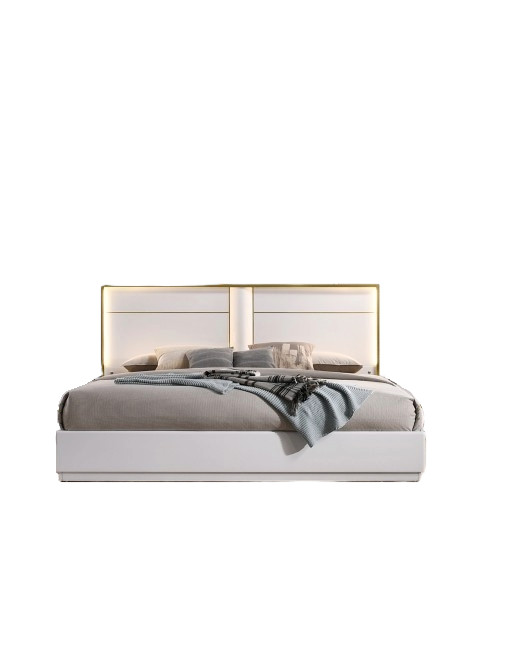 Luxurious 5 Piece Eastern King Bedroom Set in White Lacquer with Gold Trim