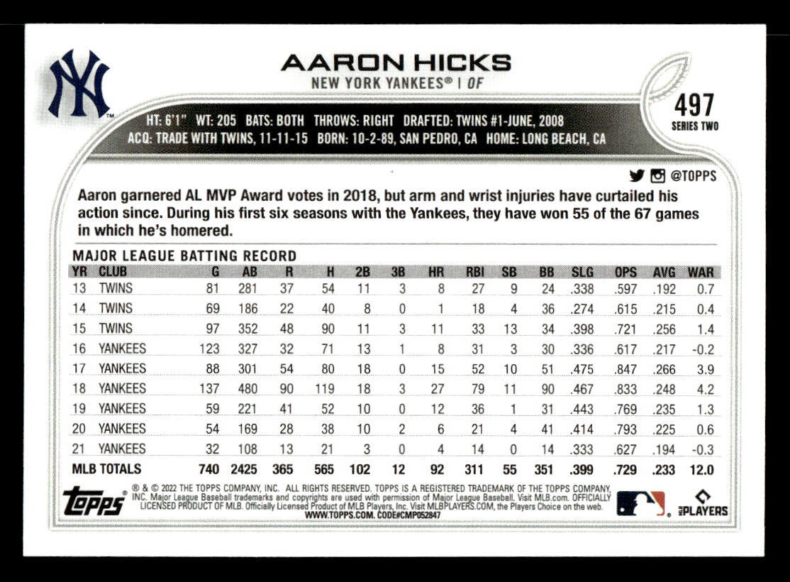 2022 Topps #497 Aaron Hicks Card New York Yankees