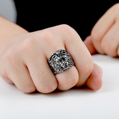 HZMAN Men's 316L Stainless Steel Black Lion Ring With Ruby Eyes - Gothic Punk Biker Jewelry