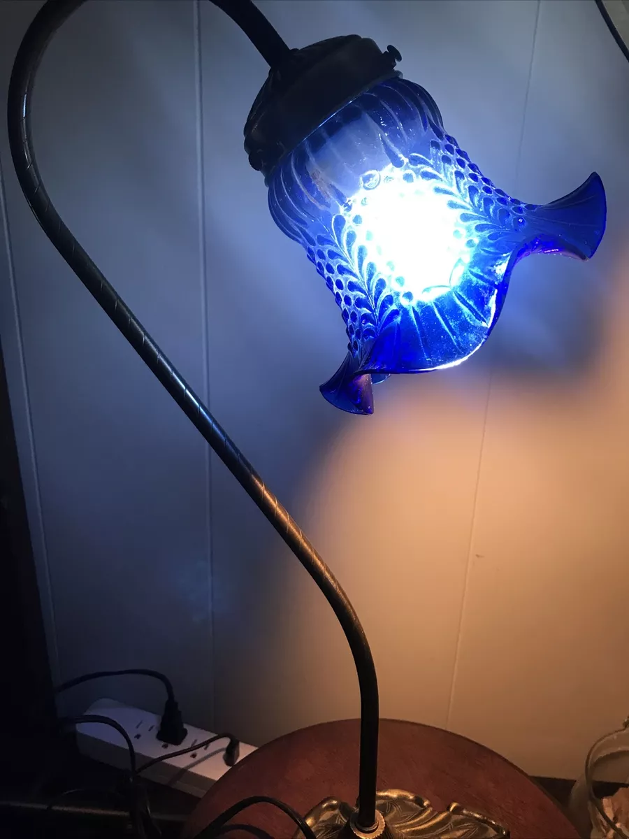 Robert Tsai Blue Glass Tulip Lamp Table Light Bronze Base with Rose Design
