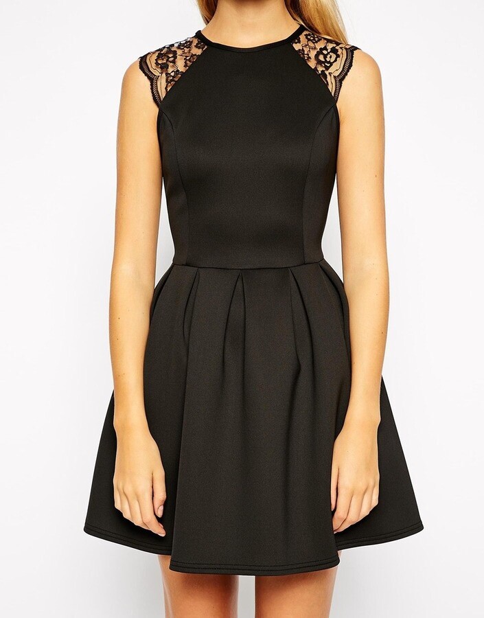 ASOS Black Lace Sleeve Skater Stretchy Dress In Scuba Size US4/UK8. | eBay